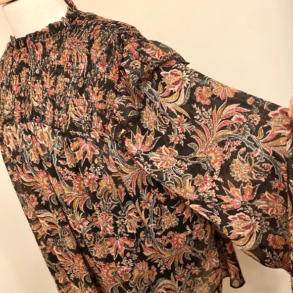 Ophelia Roe Black Red Green Floral Smocked Balloon Sleeve Ruffled Hem Top SZ 3X - Picture 6 of 15
